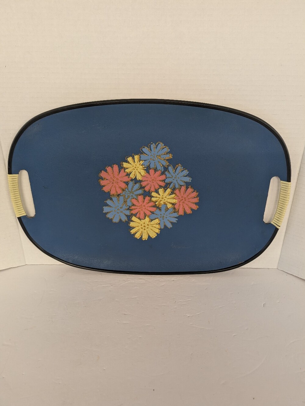 Vintage Blue Serving Tray with Floral Motif Mid-Century Modern